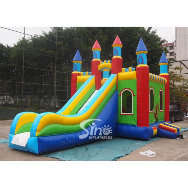 Lead Free PVC Tarpaulin Inflatable Bouncy Castles , Rainbow Castle Slide