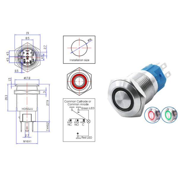 Small 16mm Latching Push Button Switch Metal IP65 Rating Round Shape
