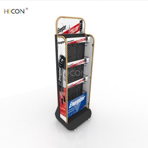 Customized Black Metal Pegboard Battery Display Stand with Hooks