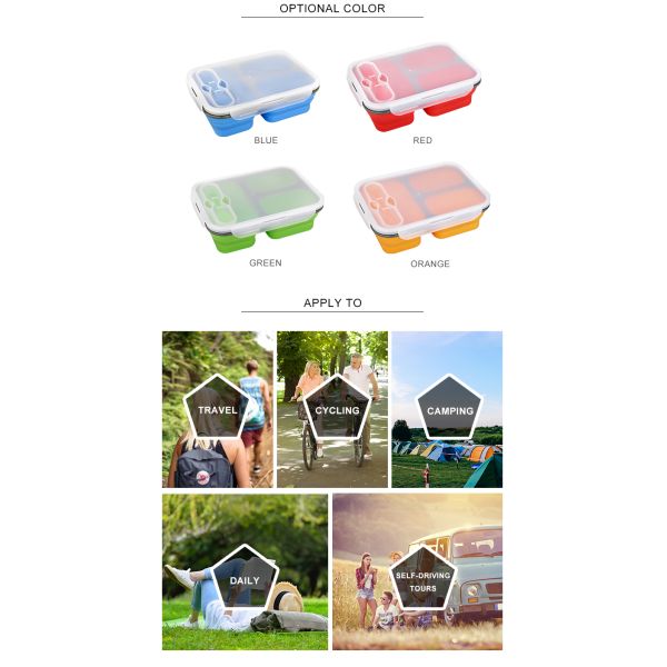 Rectangle 3 Compartment Collapsible Bento Box For Adults