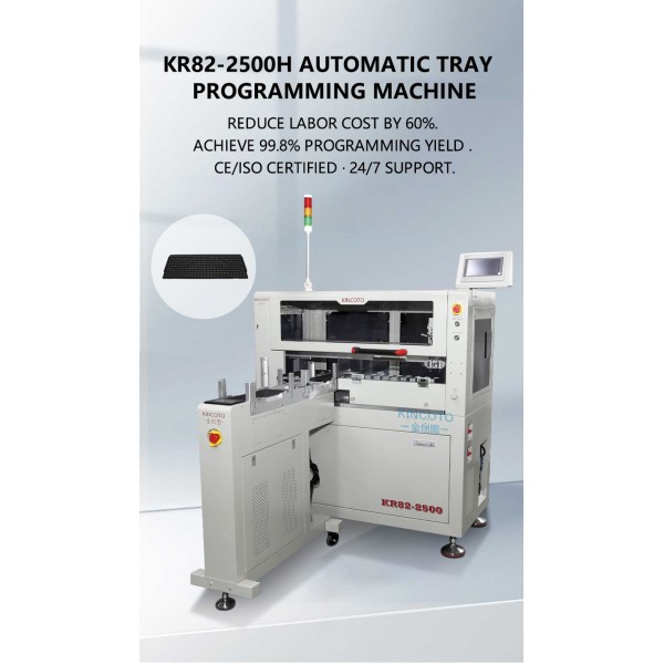 KR82-2500H Auto Tray IC Programming Machine | 8 Stations + Stack Tray Feeder | ±0.03mm Linear Motor for QFN/SOP/QFP | 2500 UPH