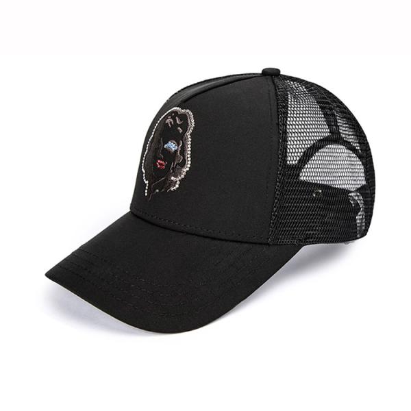 Quality Custom Reversible Sequin 5 Panel Trucker Cap Unisex Style Comfortable Black Mesh Cap for sale