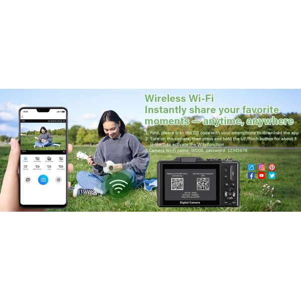 WD08 Digital Camera 5K 64MP UHD Cameras 18X Digital Zoom 180° Flip Screen Camera