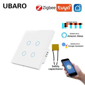 Tuya Zigbee Smart Switch Type 86 For Eu/Uk Standards 4 Gang Tempered Glass Panel Work With Google Assistant Amazon Alexa