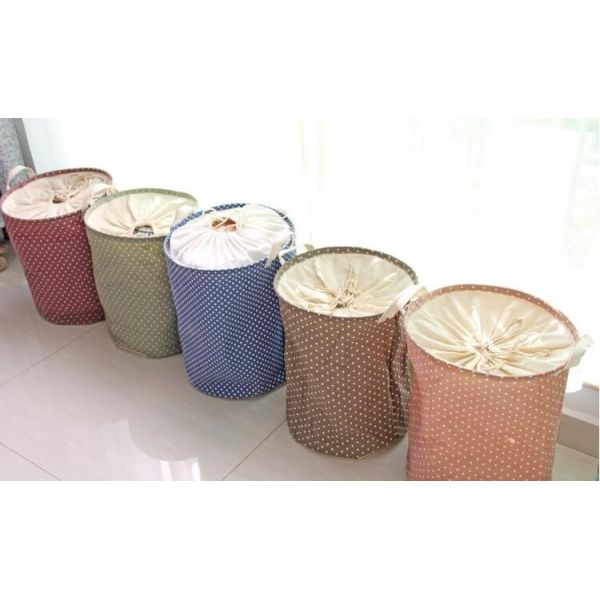 Ramie Cotton Foldable Laundry Basket Cylindric Burlap Canvas Storage Basket