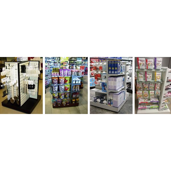 4-ways Display Units Multi-sided Display Shelves 360-degree design Display Units Mobile Gondola Shelving
