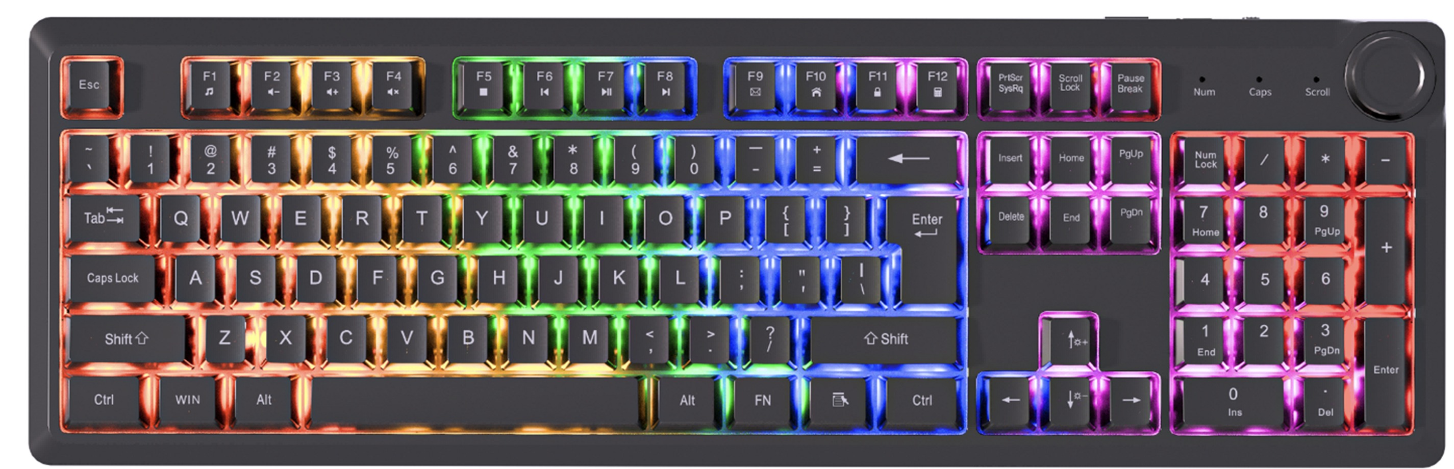 104-Key Wired Keyboard Multimedia FN Keys Rainbow Light ABS + black Keycaps+ Silver Membrance 510g Lightweight Body