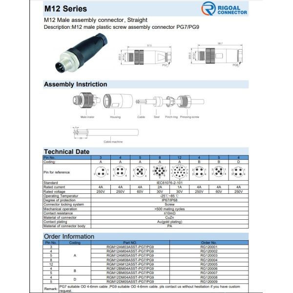 image003 AWG18 M12 Male Assembly Waterproof Connector IEC IP67 Female