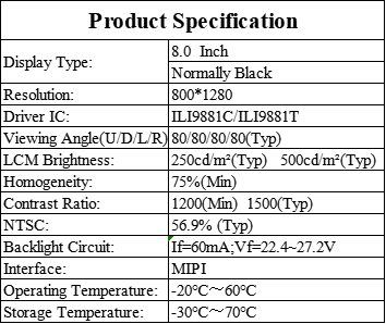 250cd/M2 Brightness Security System TFT Display Module 8.0 Inch IPS TFT LCD Panel 800x1280