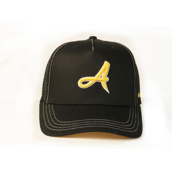 Quality Custom Unisex 5 Panel Trucker Cap Hat , Customized Black 3D Embroidery Mesh Hat for sale